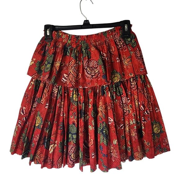 Ulla Johnson Mini Skirt Juno Tiered Pleated Poplin In Hibiscus Size 0 Red Cotton - Picture 3 of 9
